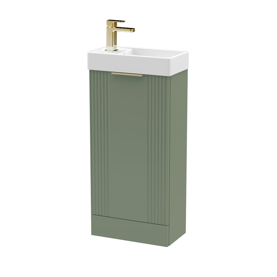 image 1 of Green 400mm Floor Standing Vanity Unit with Brushed Brass Handle | Green | Satin Green | 1
