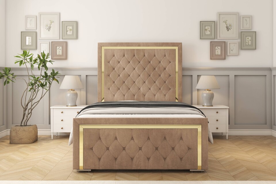 image 1 of Sloomy Sofia Gold Mink Naples Bed Frame With 50" Upholstered Headboard 4' Small Double