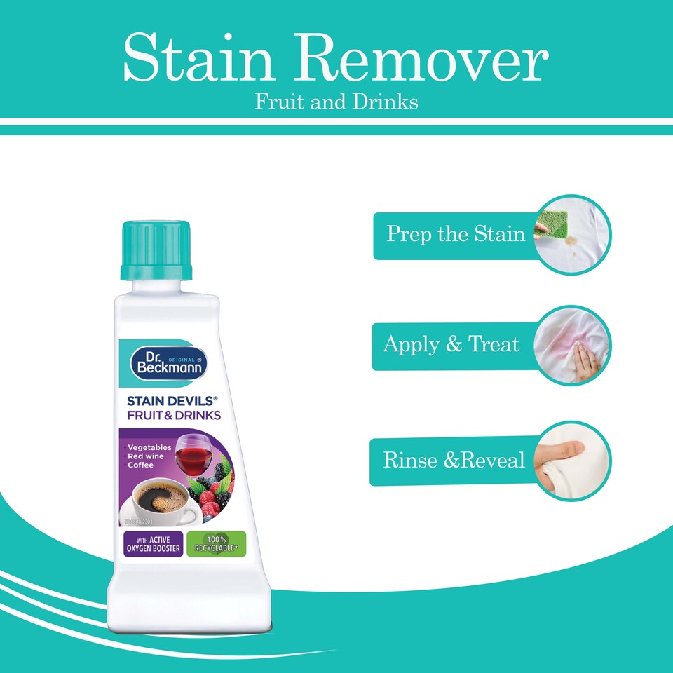 image 1 of Dr Beckmann Stain Devils Fruit and Drink Stain Remover 50ml Pack of 2 for Coffee Tea Wine Juice Fabric Spot Cleaning Solution