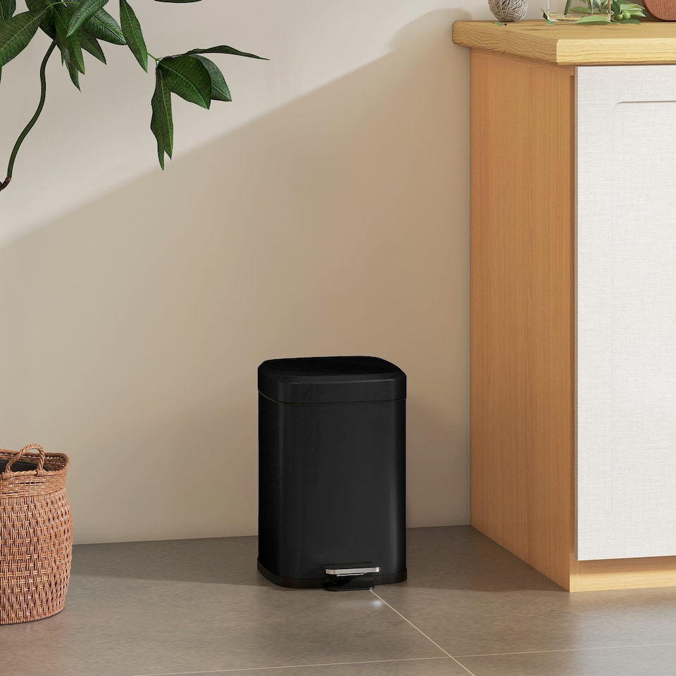 image 1 of HOMCOM 12 Litre Pedal Bin, Fingerprint Proof Kitchen Rubbish Bin with Soft-close Lid, Foot Pedal and Removable Inner Bucket for Recycling and Waste, Black | Black | 1