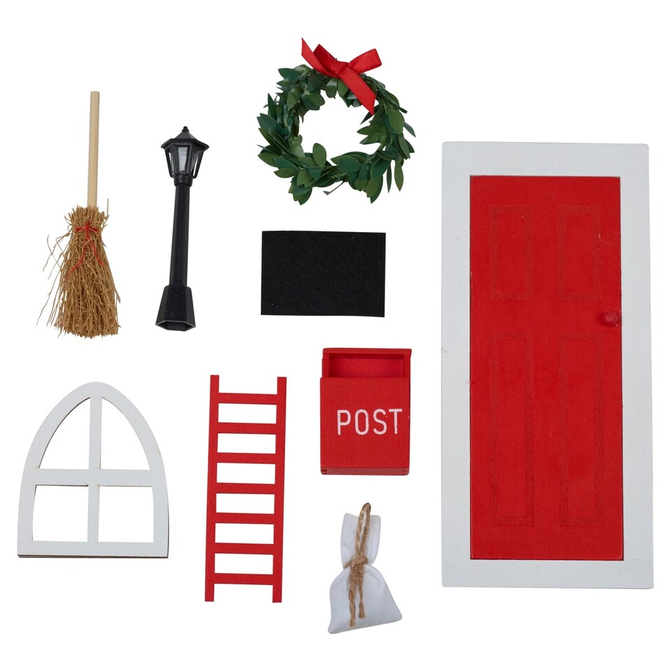 image 1 of 9Pcs Miniature Wooden Elf Christmas Village Scene Red & White Door Decoration | Multi | Multicoloured | Lantern