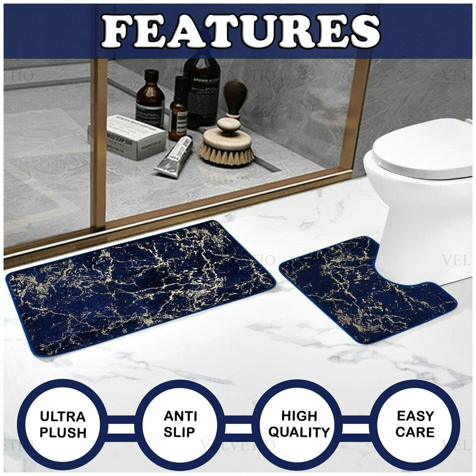 image 1 of VELVETIO Glitter Bath Mat Set Non Slip Water Absorbent Toilet Rugs Blue | Navy