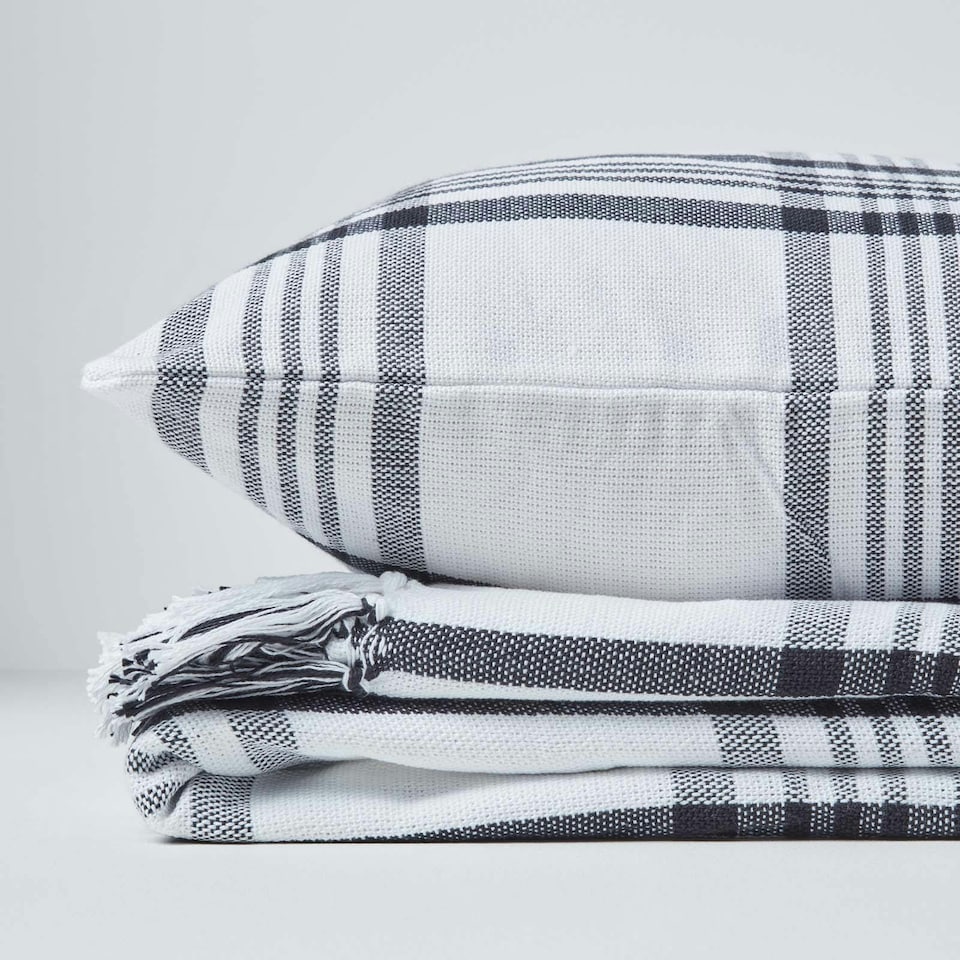 image 1 of Homescapes White & Black Tartan Pattern Cushion Cover - 60 x 60 cm | White | White & Black | 60 x 60 cm