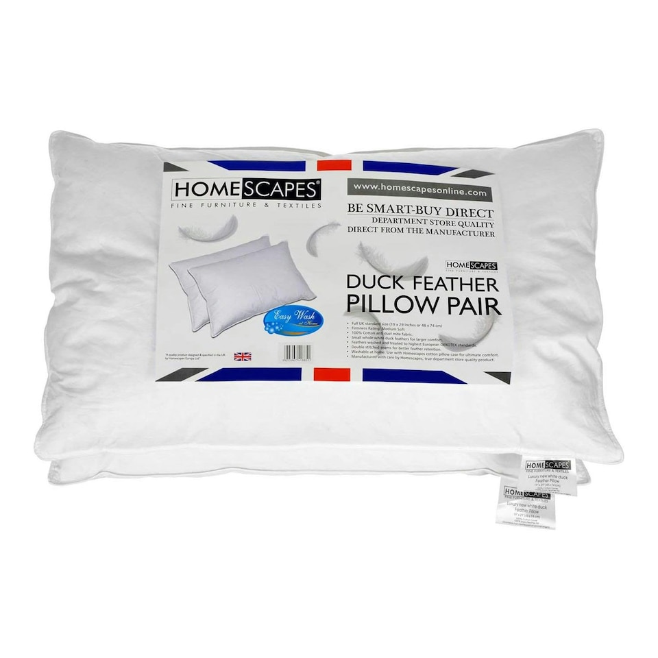 image 1 of Homescapes White Duck Feather Pillow Pair White