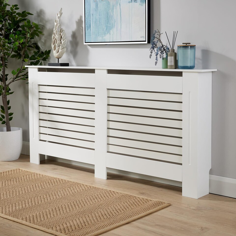 image 1 of Extending Radiator Cover Adjustable Wooden MDF Slatted Grill | White