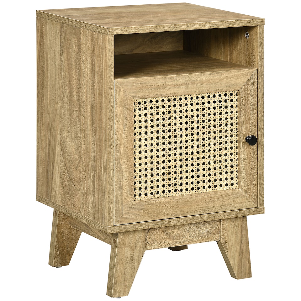 image 1 of HOMCOM Bedside Table Nightstand with Storage Shelf and Door Cupboard, Side End Table with  Rattan Element for Living Room, Bedroom, Natural