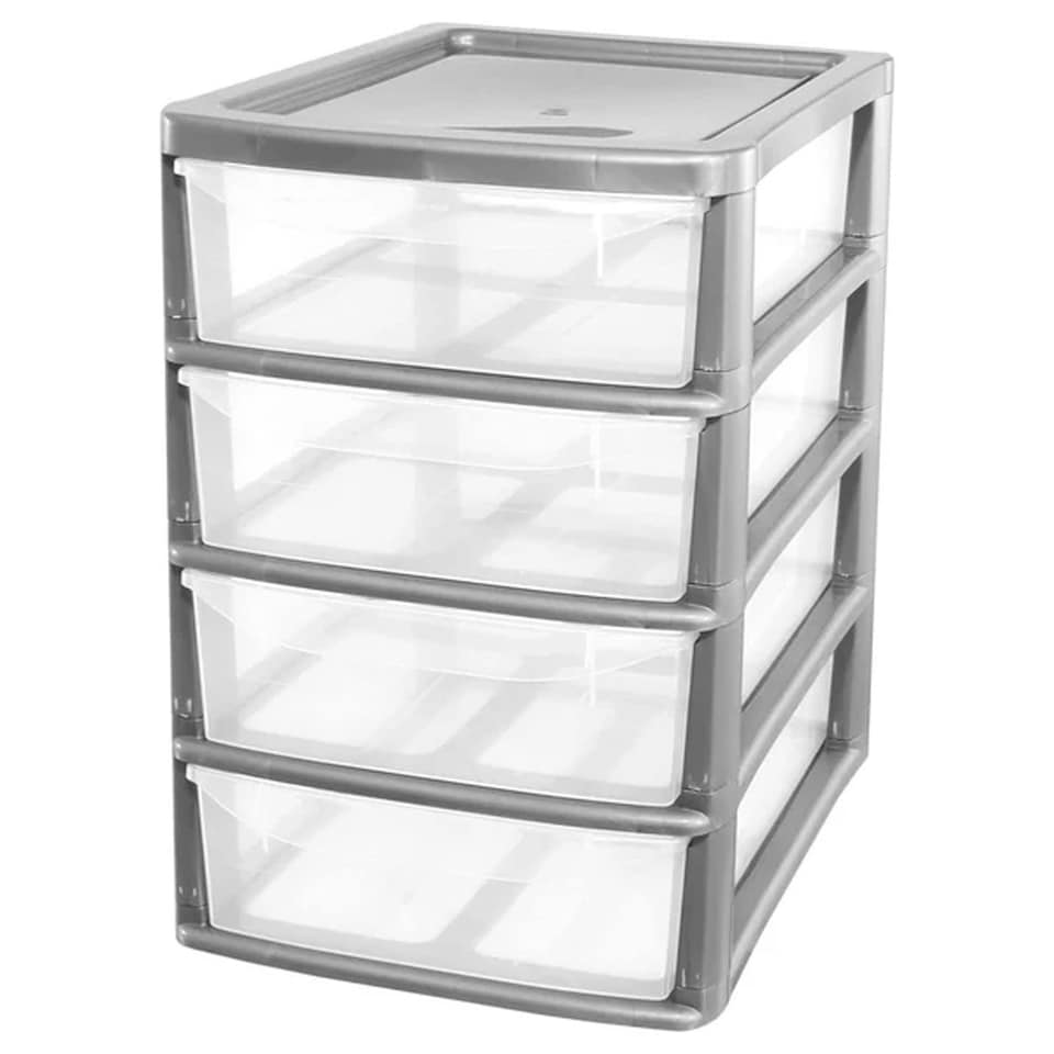 image 1 of Silver A4 Desktop Bedside 4 Pull Out Storage Tower Units With Clear Drawers For Home Office Silver