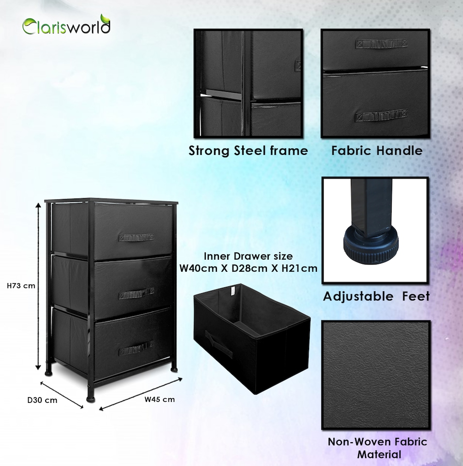 image 1 of Clarisworld 3 Drawer Storage Tower Dresser with Wood Top, Sturdy Steel Frame & Laminated Fabric Drawers, Storage Organiser Unit for Bedroom, Hallway, Entryway, Closet & Office