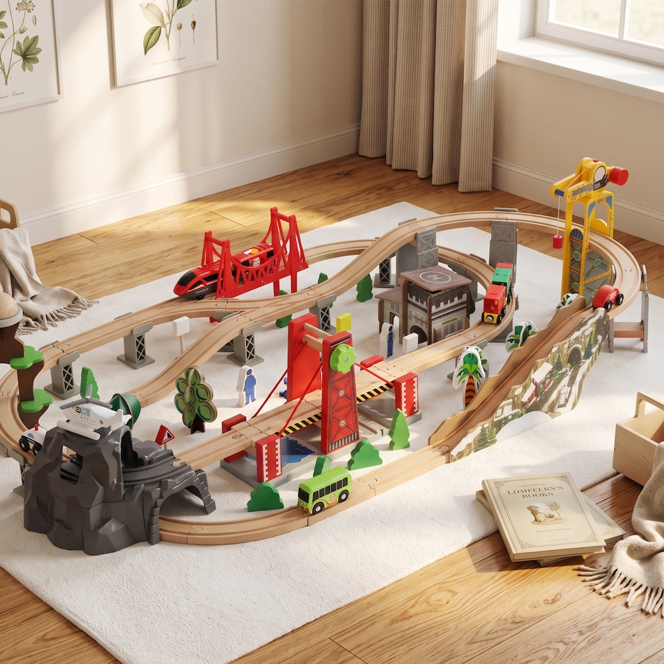 image 1 of AIYAPLAY Wooden Train Set, 100 Piece Toy Train with Crane for 3+ Years Old