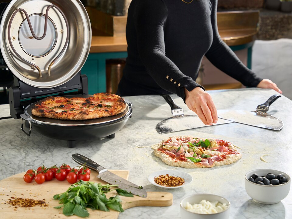 image 1 of Cooks Professional Electric Pizza Oven with Stone Base, Window, Paddles & Baking Sheet | Black