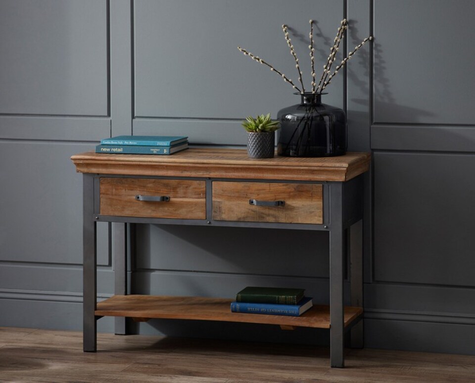 image 1 of Metropolis Industrial 2 Drawer Console Table - Metal - Acacia Solid Wood - L40 x W115 x H77 cm