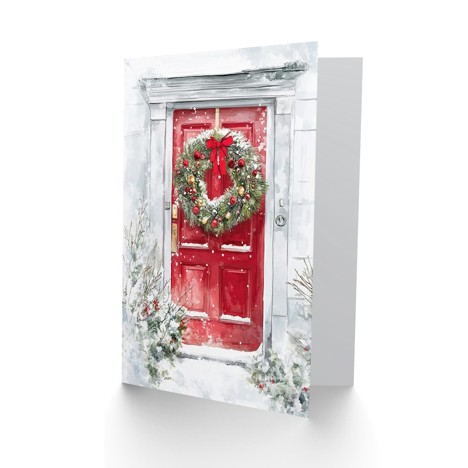 image 1 of Snow Covered Bauble Wreath Red Door For Child Kids Xmas Festive Christmas Card