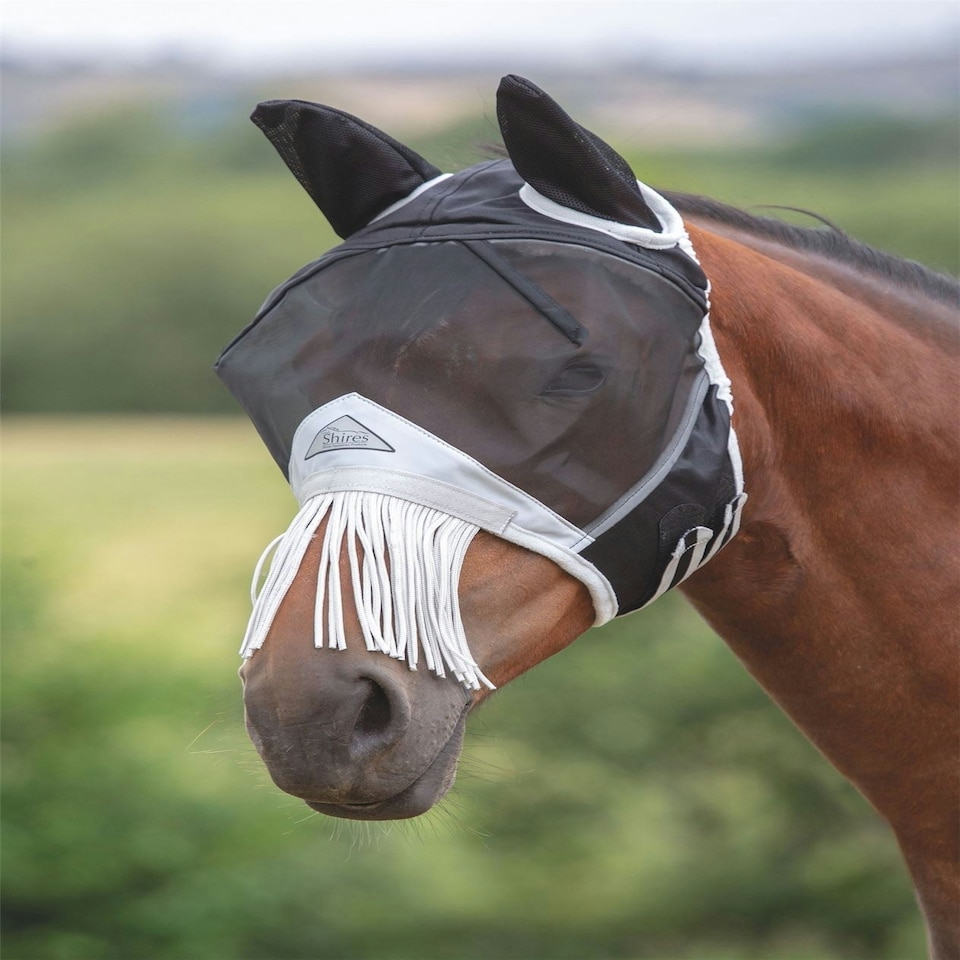 image 1 of Shires Fine Mesh Fly Mask with Nose Fringe Blue | Full