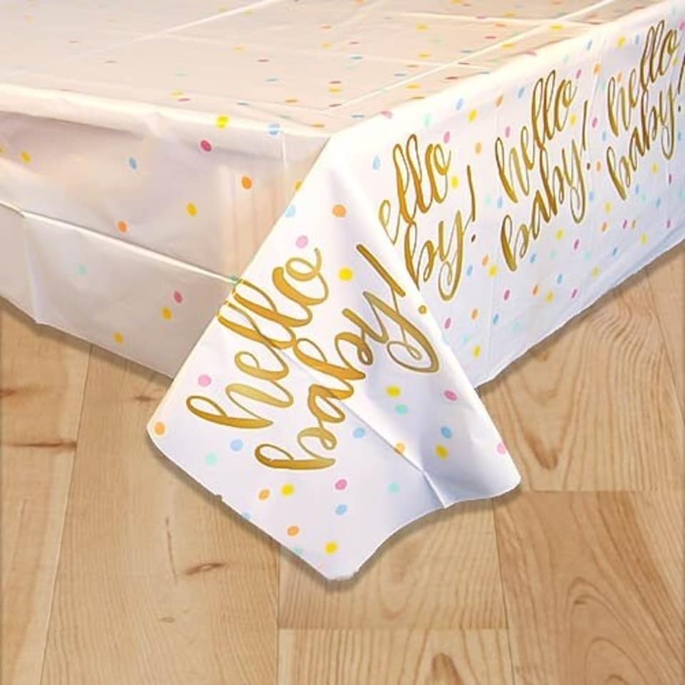 image 1 of Gold Hello Baby Plastic Tablecover 213cm x 137cm