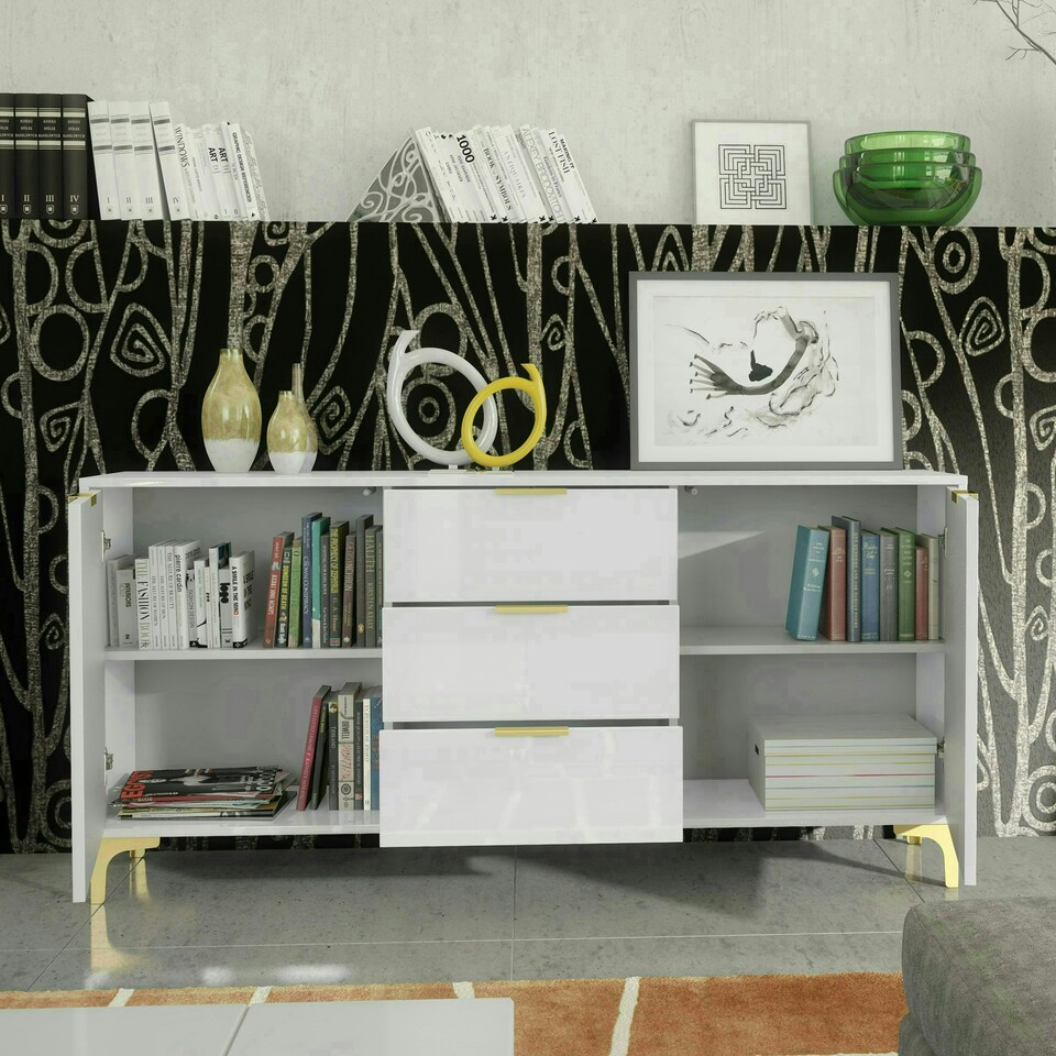 image 1 of Sideboard 140cm White High Gloss with Gold Accents White