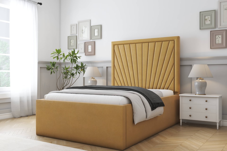 image 1 of Sloomy Somerset Mustard Plush Bed Frame With Mattress With 50" Upholstered Headboard 5' King