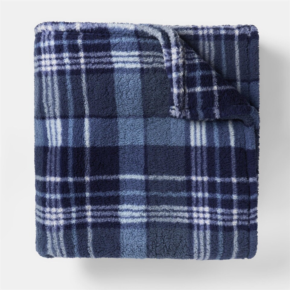 image 1 of OHS Winter Check Teddy Fleece Throw Xmas Soft Bedspread Blanket | Blue | Navy