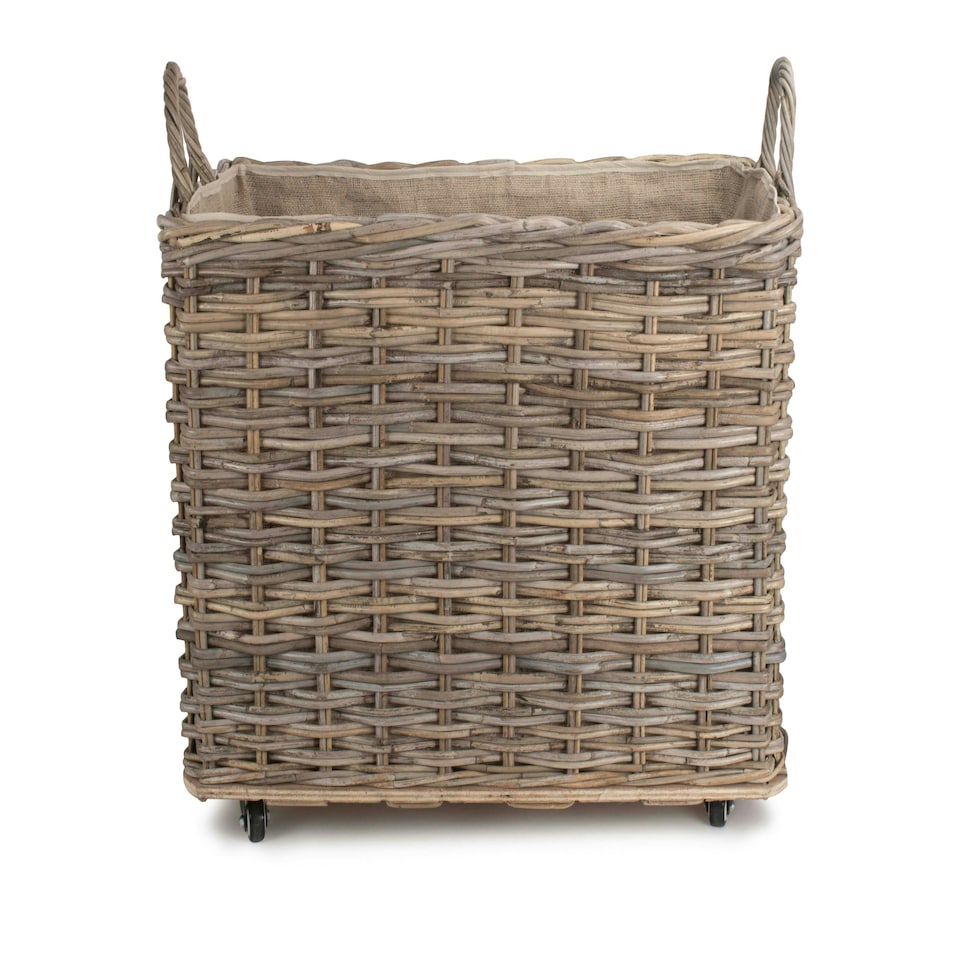 image 1 of Large Wheeled Rattan Hessian Lined Log Basket