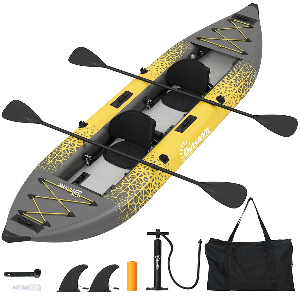 image 1 of Outsunny 2.5' Inflatable Kayak 2-person Sit on Canoe with Paddles | Grey | Yellow, Grey | 381 x 94 x 40 cm