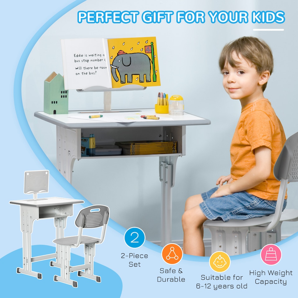 image 1 of HOMCOM Kids Desk and Chair Set Adjustable Height Study Table Set w Drawer | Grey