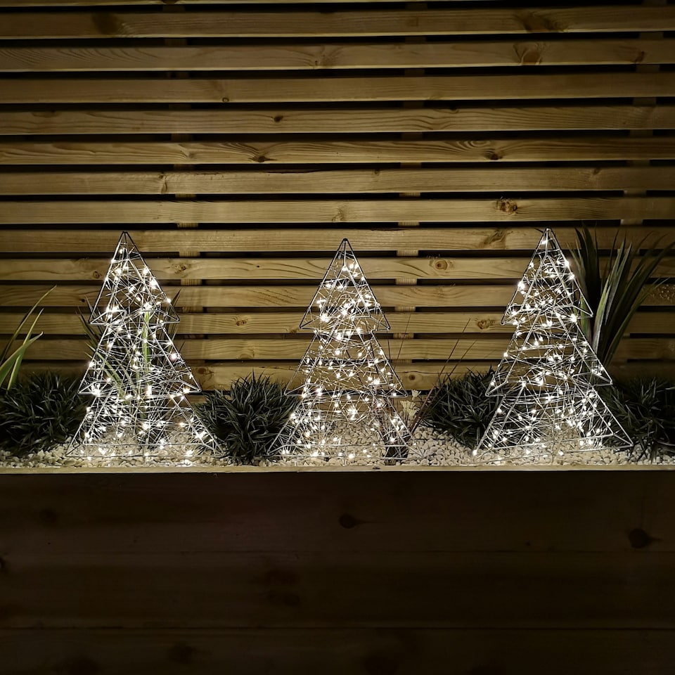 image 1 of Set of 3 50cm Light up Iron Christmas Tree Garden Stake Lights with Warm White LEDs
