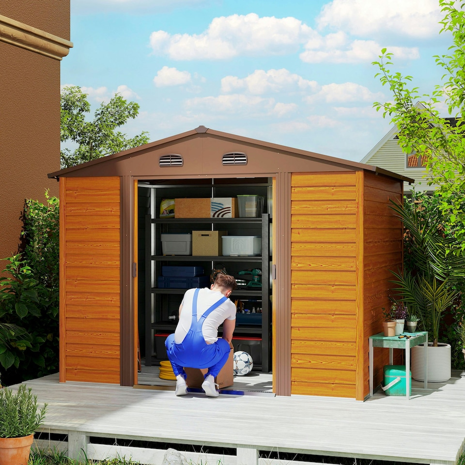 image 1 of Outsunny 9 x 6ft Garden Shed Wood Effect Tool Storage Sliding Door Wood Grain