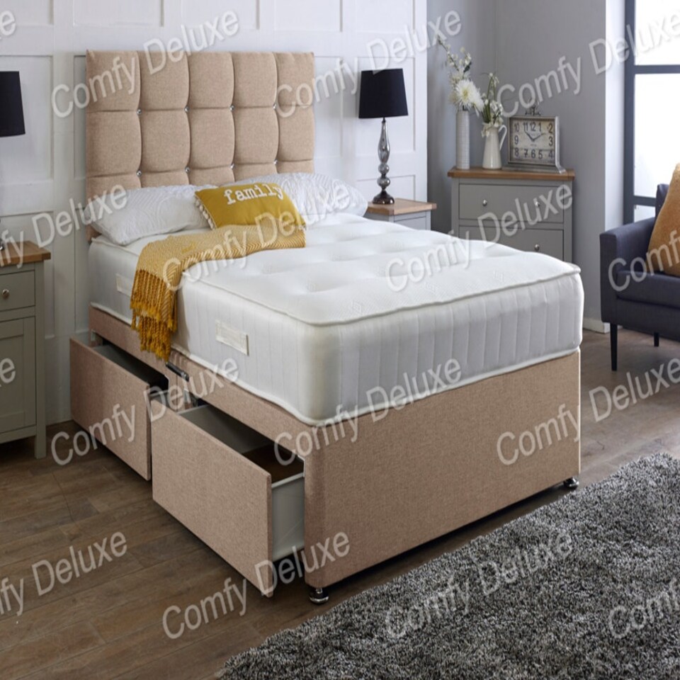 3ft Single Beige Linen Divan Bed With Headboard & Memory Sprung Mattress 2 Drawers Same Side