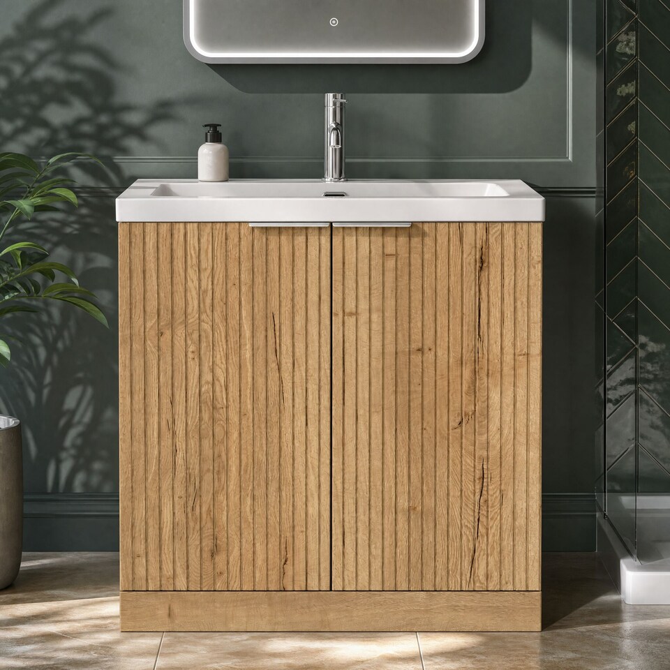 image 1 of Balterley Callingwood Contemporary Floor Standing 2 Door Vanity Unit with 1 Tap Hole Fireclay Basin , 800mm, Autumn Oak