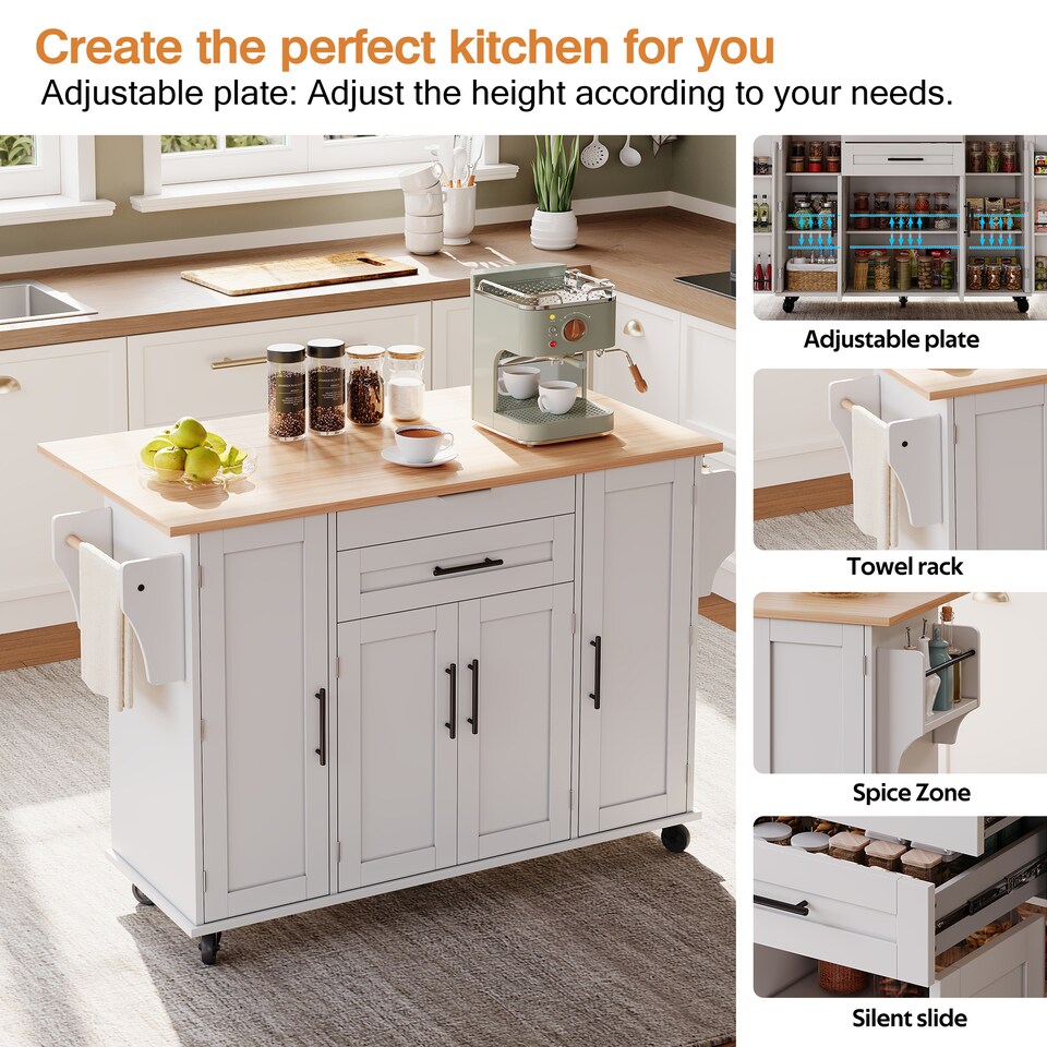 image 1 of VILUXE Mobile Kitchen Island with Foldable Worktop, Hidden Cutlery Drawer, Large Drawer, Adjustable Shelves, Door Racks, Towel Rack, Spice Rack and 5 Wheels, White and Natural Wood