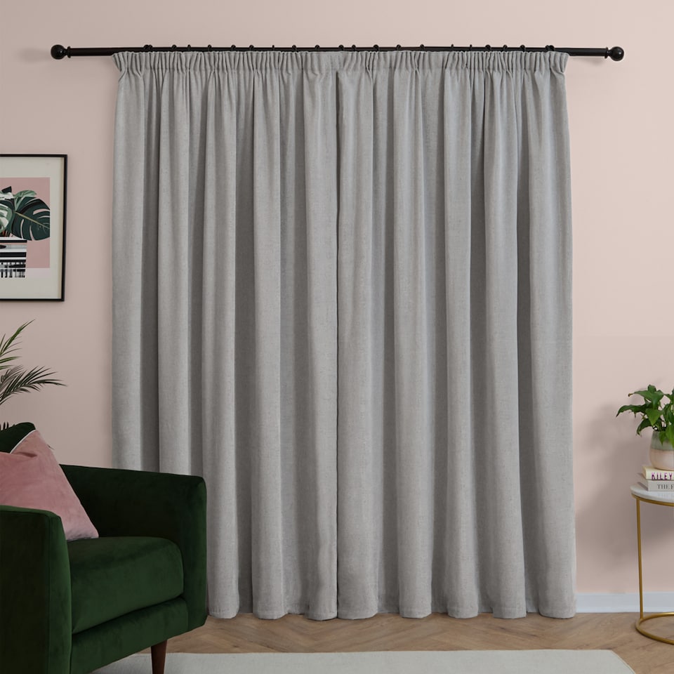 image 1 of Furn Soft Chenille Blackout Pencil Pleat Curtain Pair, 117cm width x 183cm drop | Silver | Silver | 1