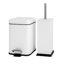 Harbour Housewares Square Toilet Brush & Bin Set - White | White | White