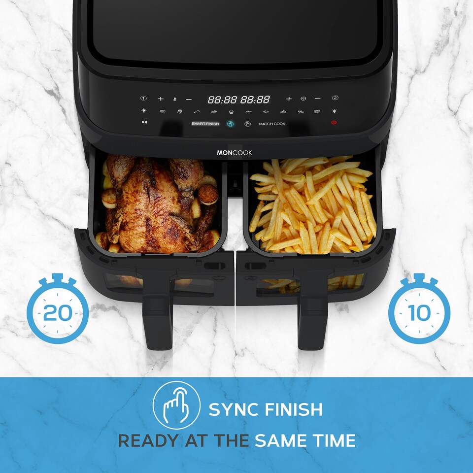 image 1 of MONCOOK Dual Air Fryer - 12 In 1 Dual Airfryer 9L With 2 x 4.5L Baskets - 50 Recipe Cookbook - Digital LED Display - Viewing Glass