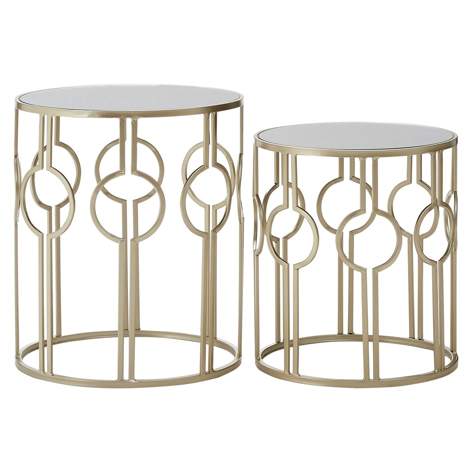 image 1 of Set of 2 Circle Design Champagne Tables,Modern Round Stackable Sofa Side Tables,Mirrored Top End Tables Gold