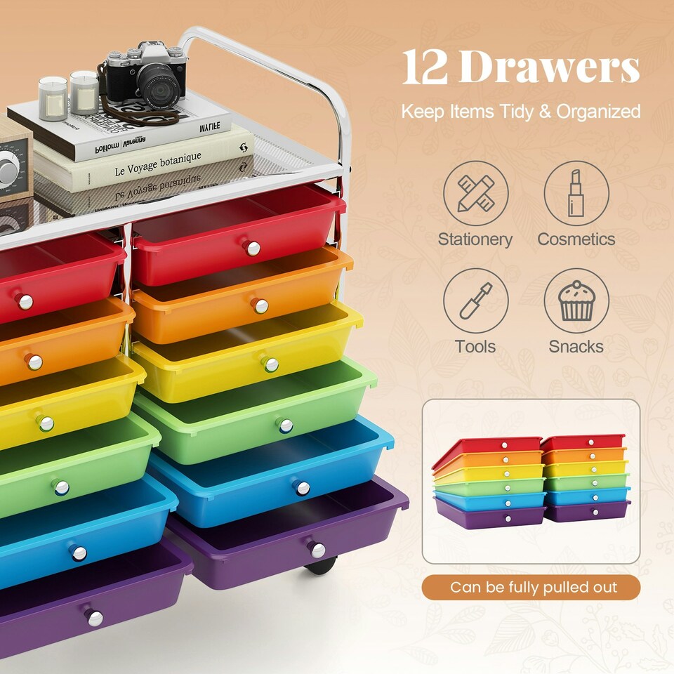 image 1 of COSTWAY 12 Drawers Utility Cart Storage Rolling Multi-color