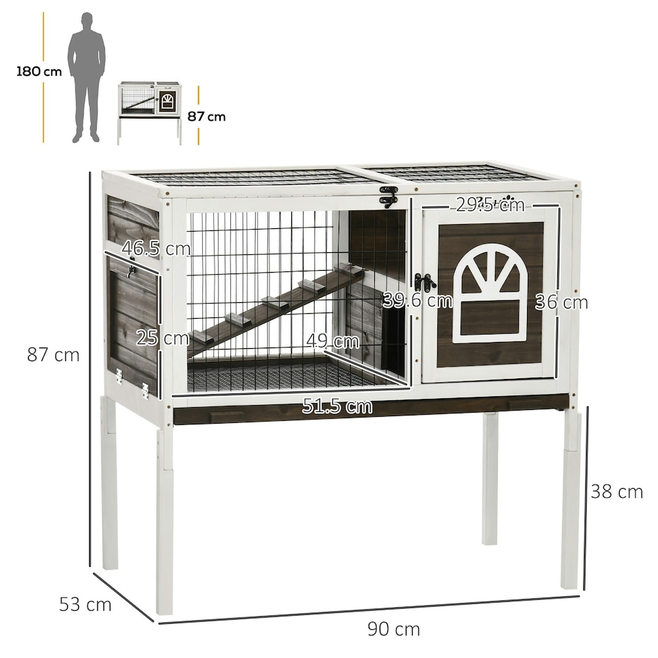 image 1 of PawHut Rabbit Hutch, Elevated Guinea Pig Cage w/ Openable Roof & Tray, Brown