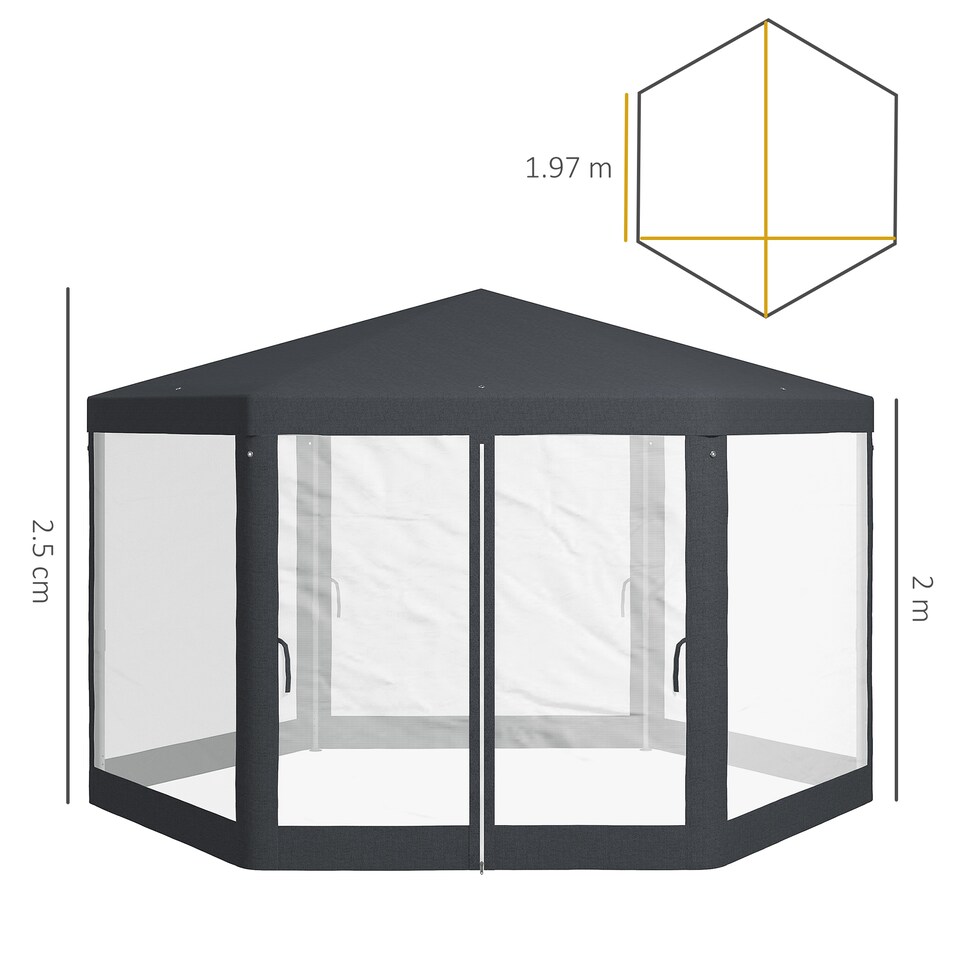 image 1 of Outsunny 4M Hexagon Gazebo, Netting Party Tent, Patio Canopy Outdoor Event Shelter for Activities, Shade Resistant, Dark Grey