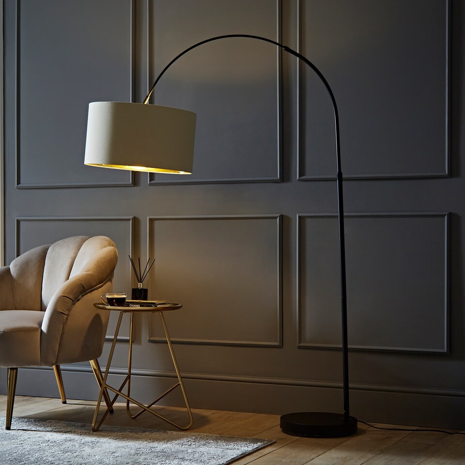 image 1 of ValueLights Louis Beige with Metallic Gold Inner Shade Black Arched Stem Curved Floor Lamp | Cream