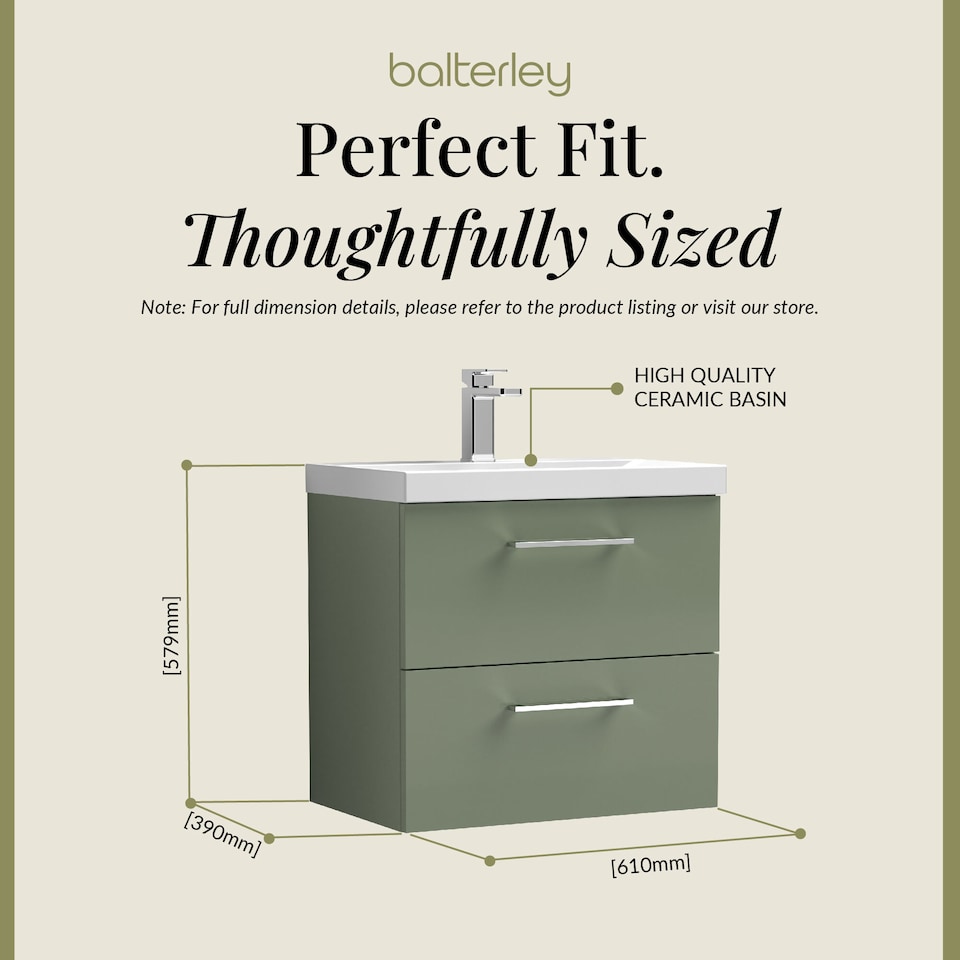 image 1 of Bathroom Wall Hung 2 Soft Close Drawer Vanity Unit, Satin Green, 610mm | Green | Satin Green | 579 x 610 x 390mm