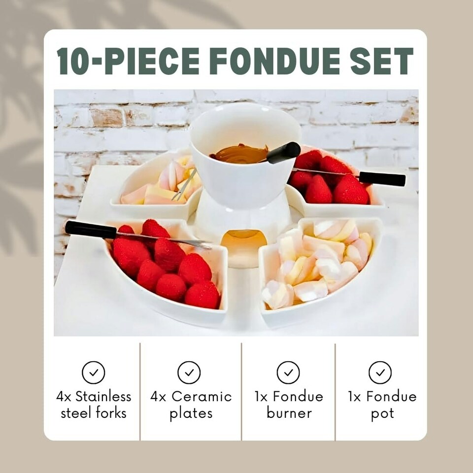 image 1 of Marco Paul 10pc White Ceramic Chocolate Fondue Set with Stainless-Steel Forks and 4 Half Moon Serving Dishes