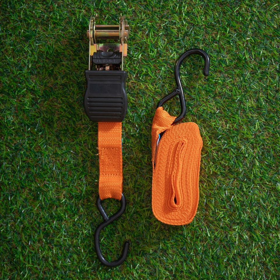 image 1 of 4 Pack of 1 Inch x 15 ft Heavy Duty Orange Ratchet Strap Set with S Hooks DIY