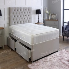 4ft Small Double Silver Plush Velvet Divan Bed With Headboard & Memory Sprung Mattress 2 Drawers Same Side