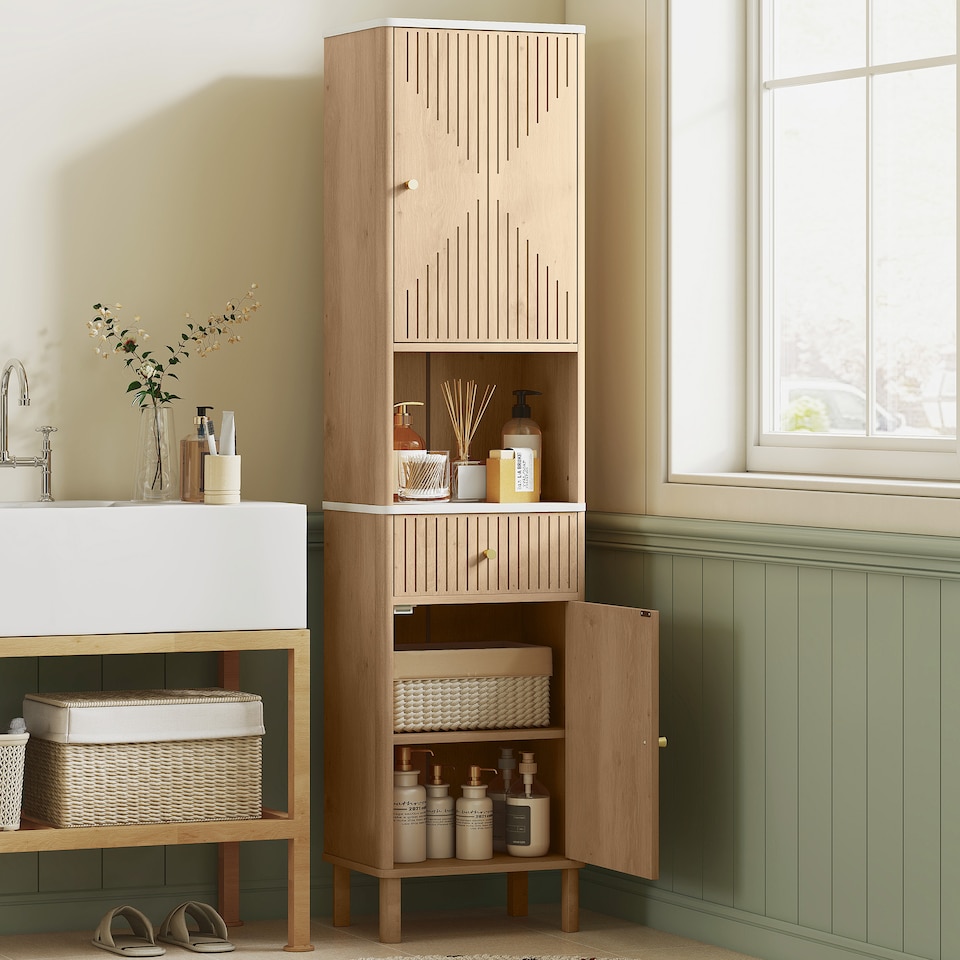 image 1 of HOMCOM 168 cm Tall Bathroom Cabinet, Freestanding Slim Bathroom Storage Cabinet with Silent-Glide Drawer, Adjustable Shelves, 2 Cupboards and Groove Doors, Oak