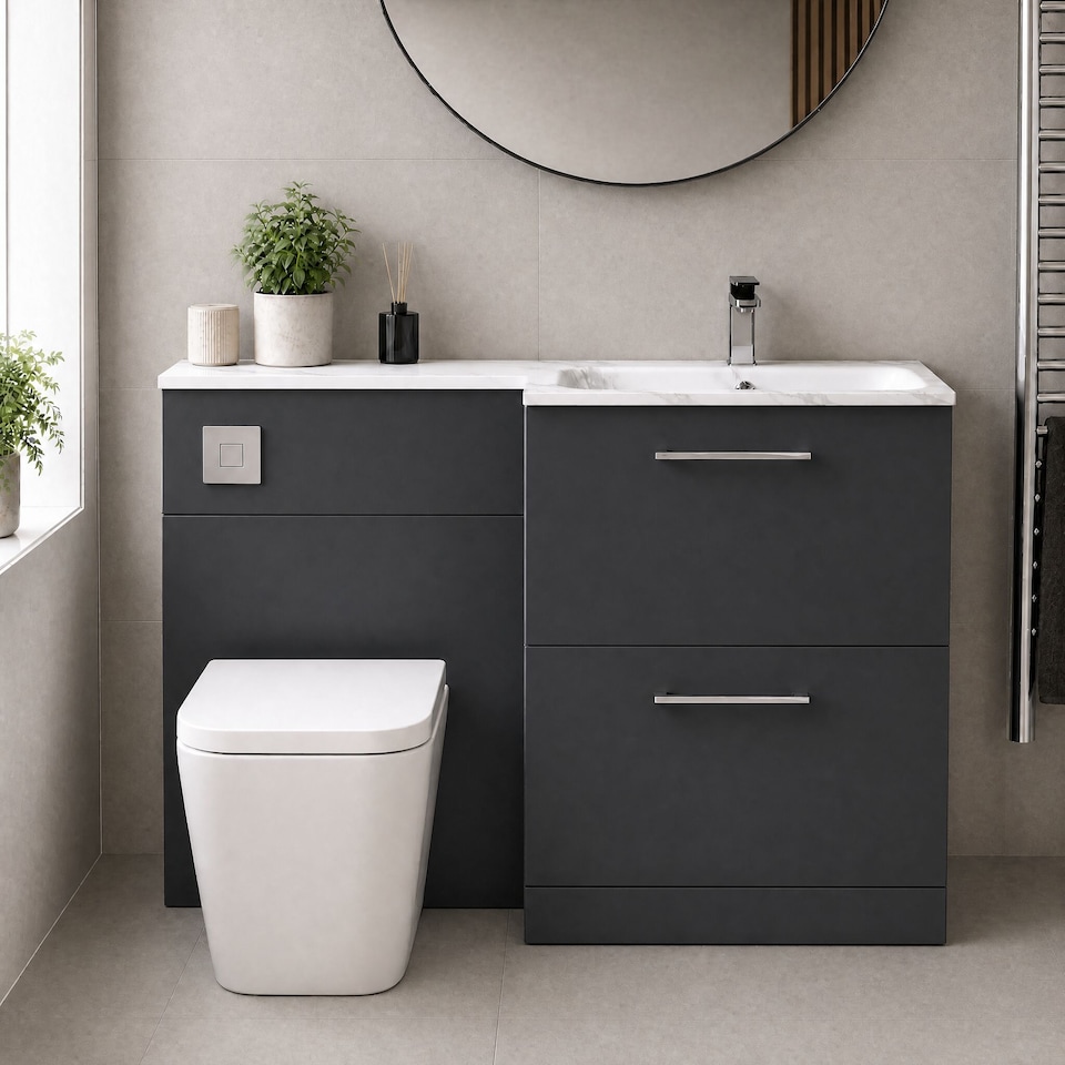 image 1 of Balterley Bramshall Contemporary Floor Standing 2 Drawer Vanity Basin WC Combination Unit, Carrera Marble Stone Basin, Right Hand, 1100mm, Satin Dark