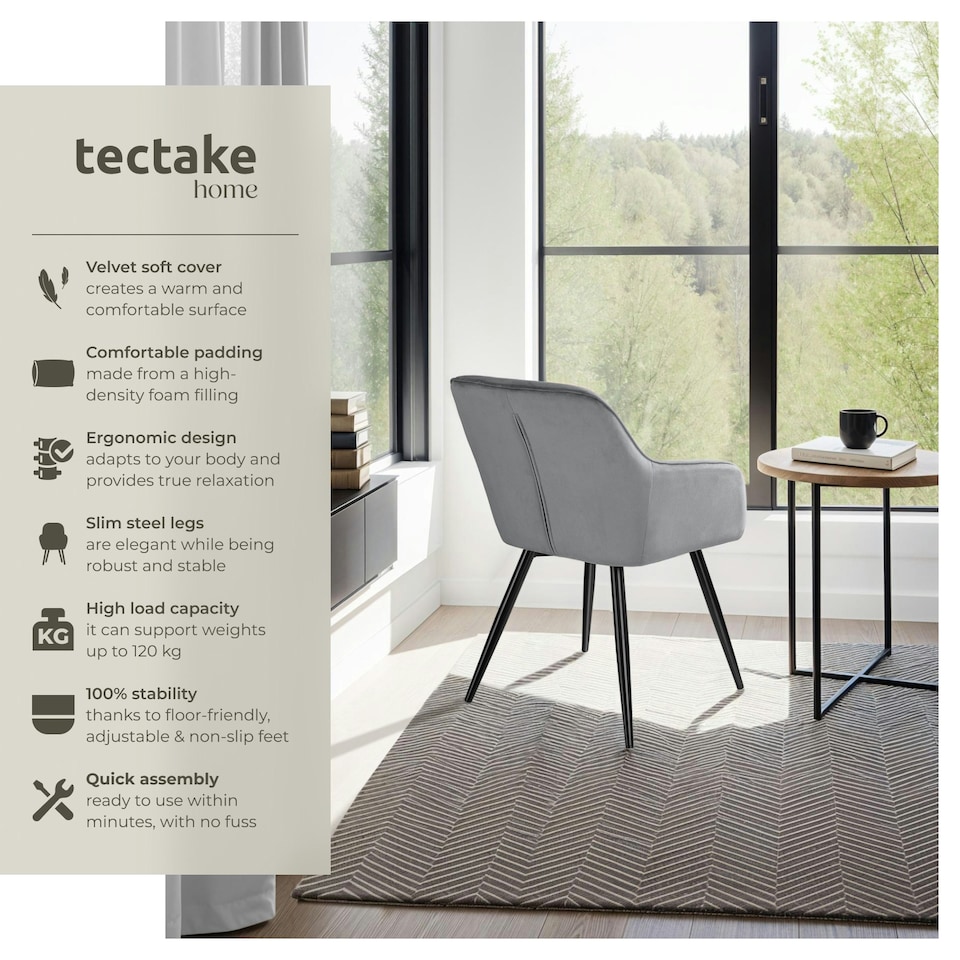 image 1 of Dining Chair Marilyn - with armrests, padded, velvet look, black steel legs - per piece Grey | Grey/Black