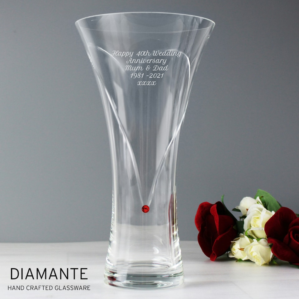 image 1 of Personalised Large Hand Cut Ruby Diamante Heart Vase Clear