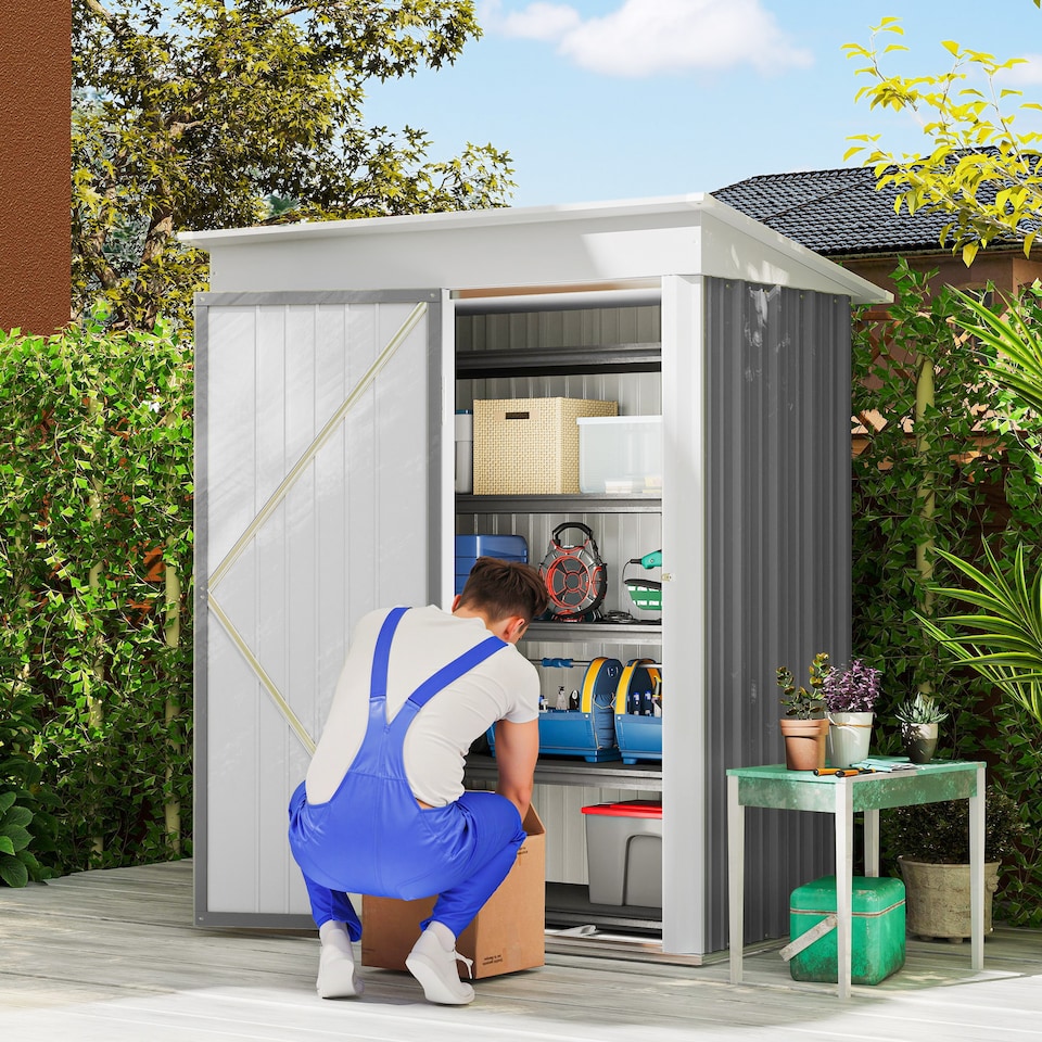image 1 of Outsunny 5x3ft Garden Shed, Steel Small Shed, Outdoor Leanto Shed with Adjustable Shelf, Lock and Gloves for Patio, Garden, Grey with Foundation Kit