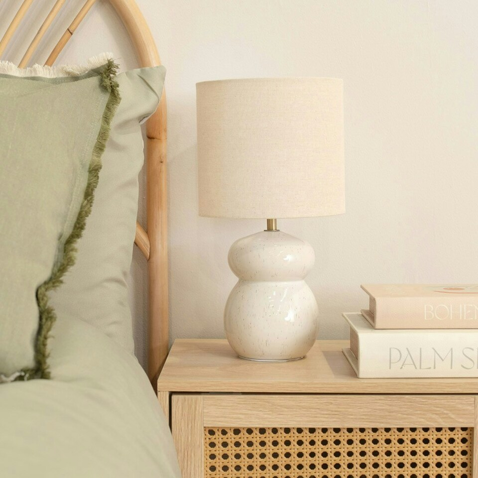 image 1 of ValueLights Kendal Natural Linen Drum Shade Beige Glazed Ceramic Table Lamp White