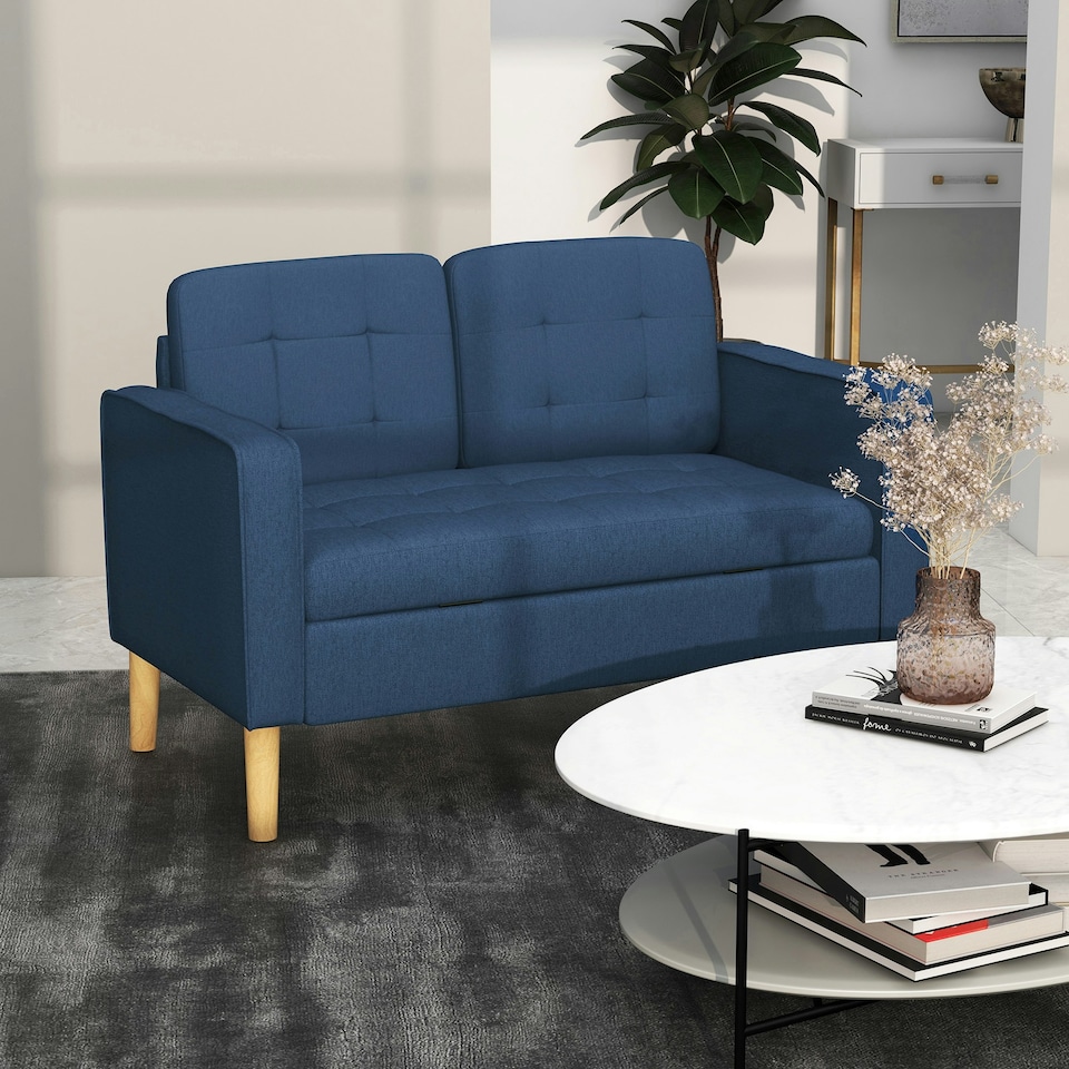 image 1 of HOMCOM Compact Loveseat Sofa 2 Seater Sofa with Storage and Wood Legs Blue