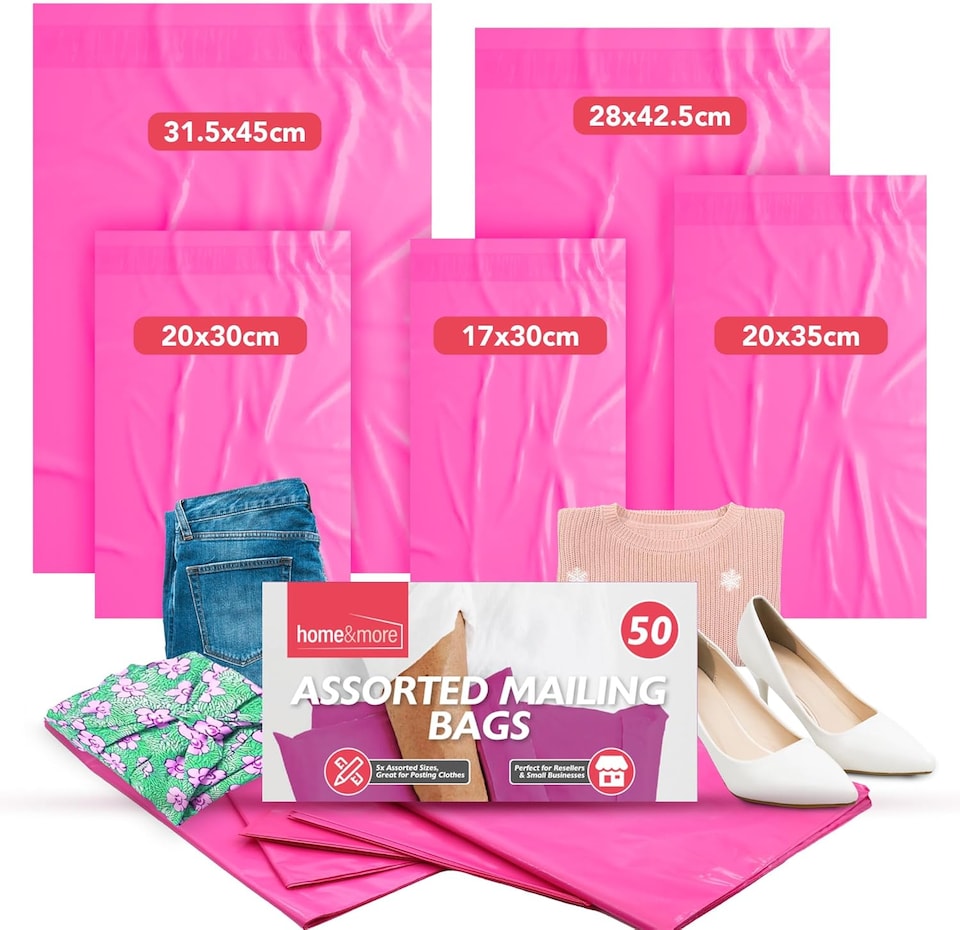 image 1 of 50pk Pink Assorted Mailing Bags – Self-Seal Postal Bags for Clothes, Mixed Size Parcel & Shipping Bags for Packaging