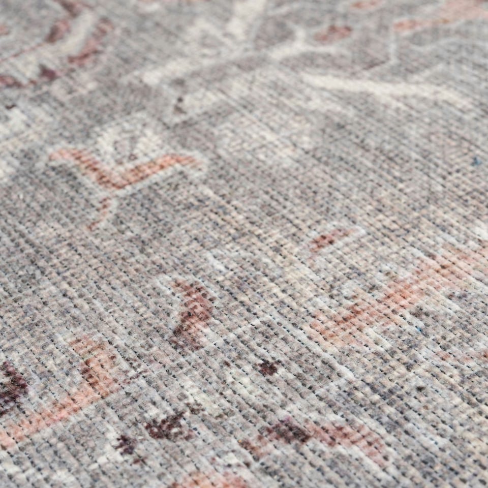 image 1 of KUKOON Greige Distressed Floral Medallion Non Slip Washable Low Pile Rug 80cm x 150cm